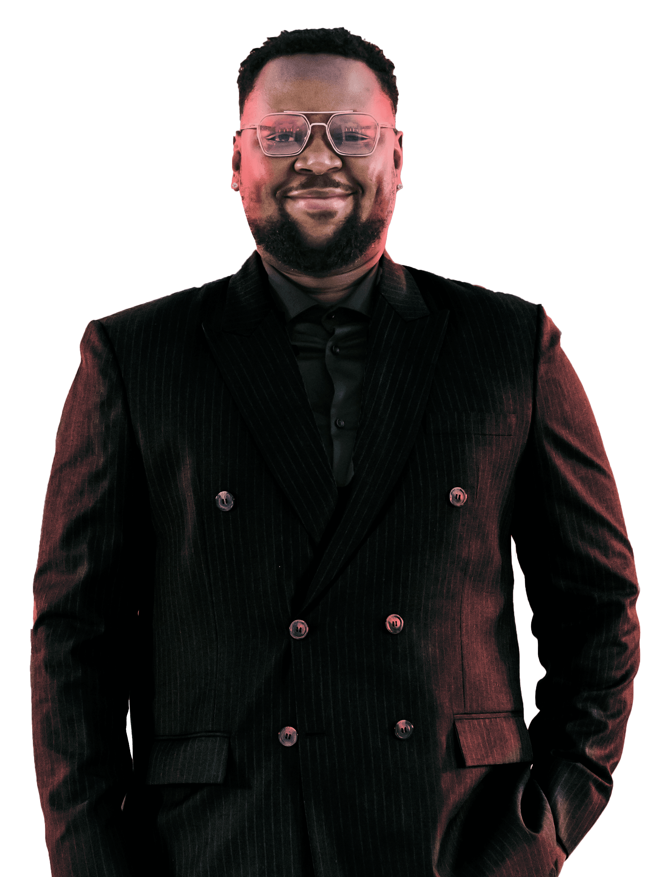 Silas Avatar, web designer, in a pinstripe double-breasted suit